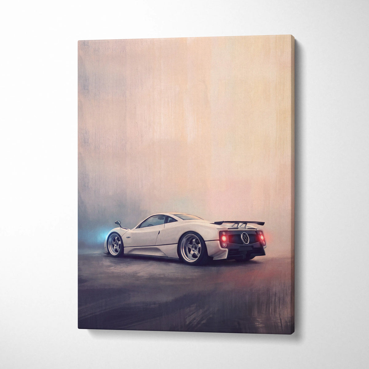 White pagani zonda inspired canvas art with glowing red taillights and blue smoke effects premium automotive decor