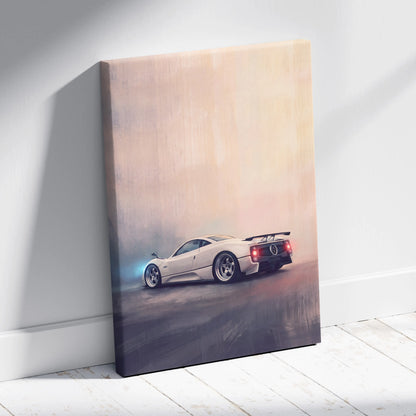 A premium canvas print of a white pagani zonda sports car with red taillights and black spoiler in motion