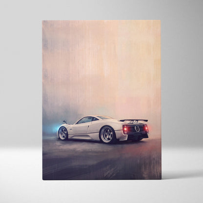 A sleek white Pagani Zonda sports car with black rear spoiler and red taillights in artistic painting style canvas art