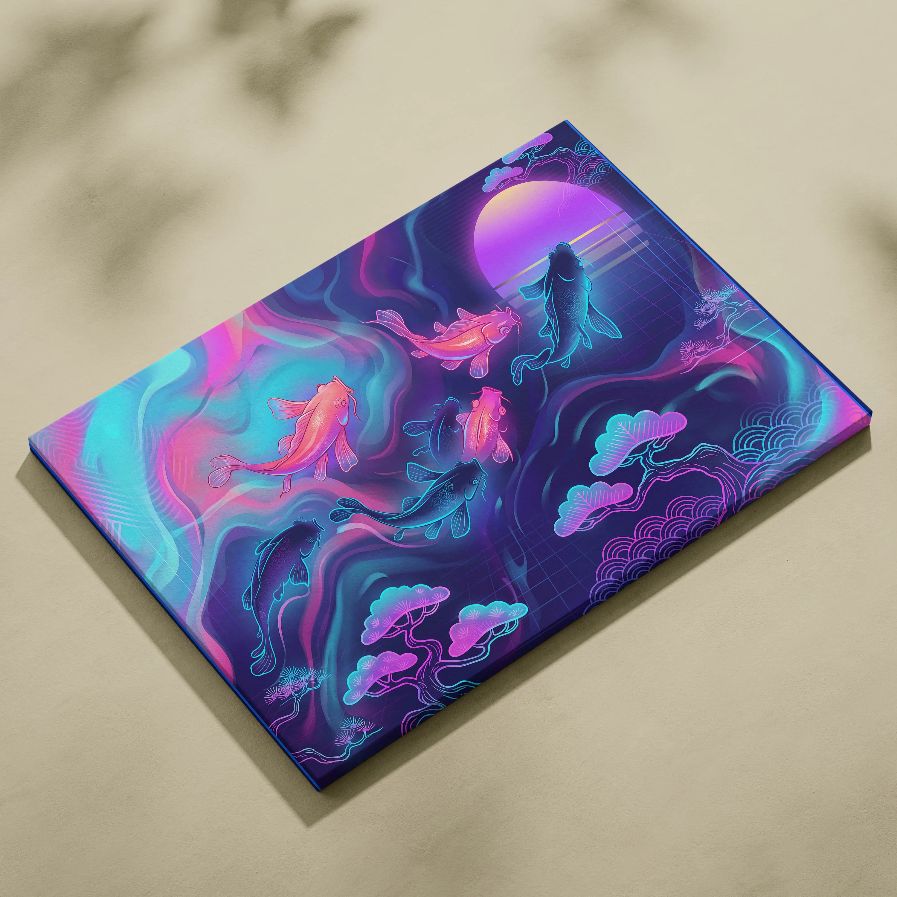 Koi Neon Sunset Canvas - Koi Neon Pink Cyan Living Room Vaporwave Dreamy Retro Futurism Japanese Art Canvas
