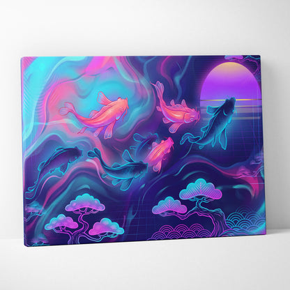 Koi Neon Sunset Canvas - Koi Neon Pink Cyan Living Room Vaporwave Dreamy Retro Futurism Japanese Art Canvas