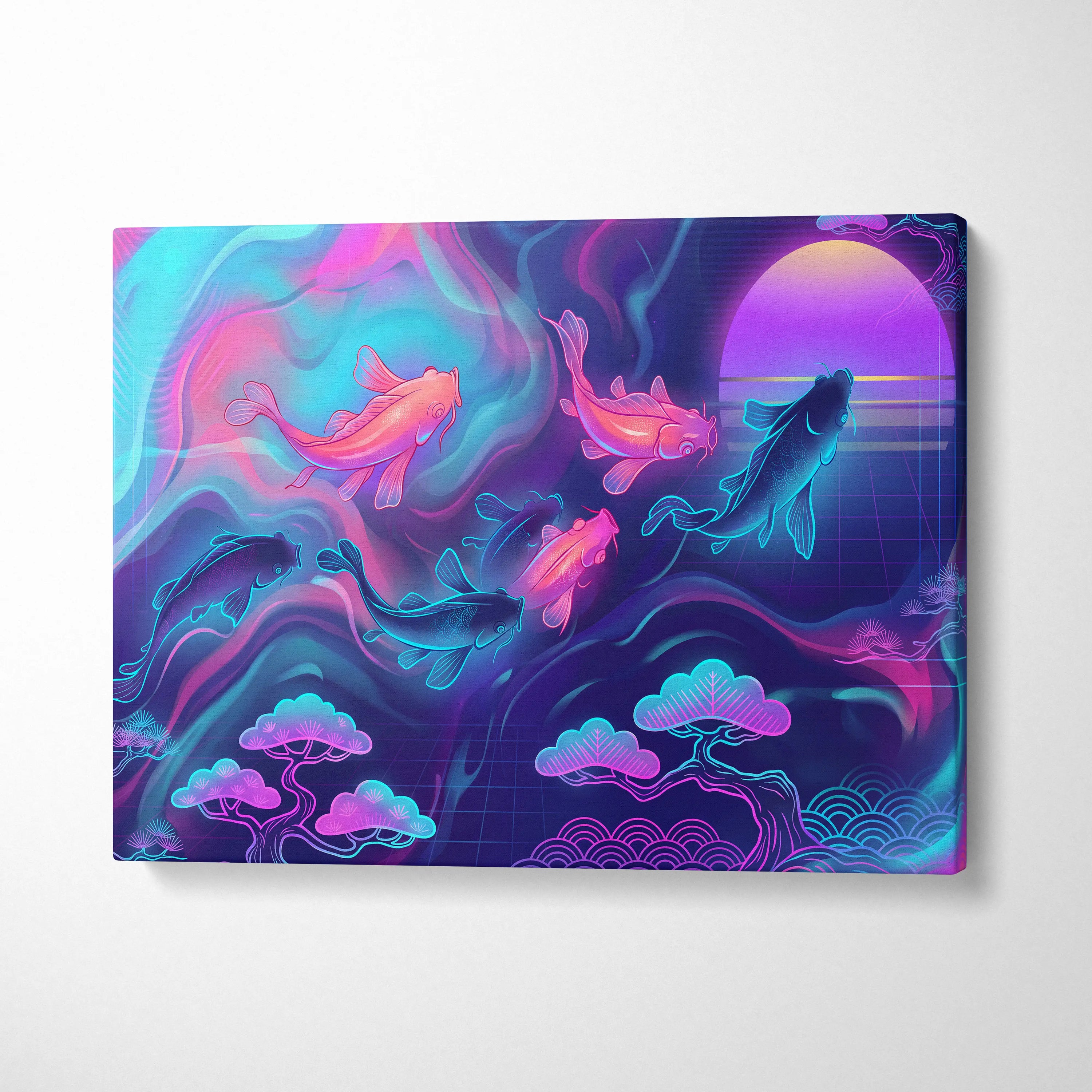 Koi Neon Sunset Canvas - Koi Neon Pink Cyan Living Room Vaporwave Dreamy Retro Futurism Japanese Art Canvas