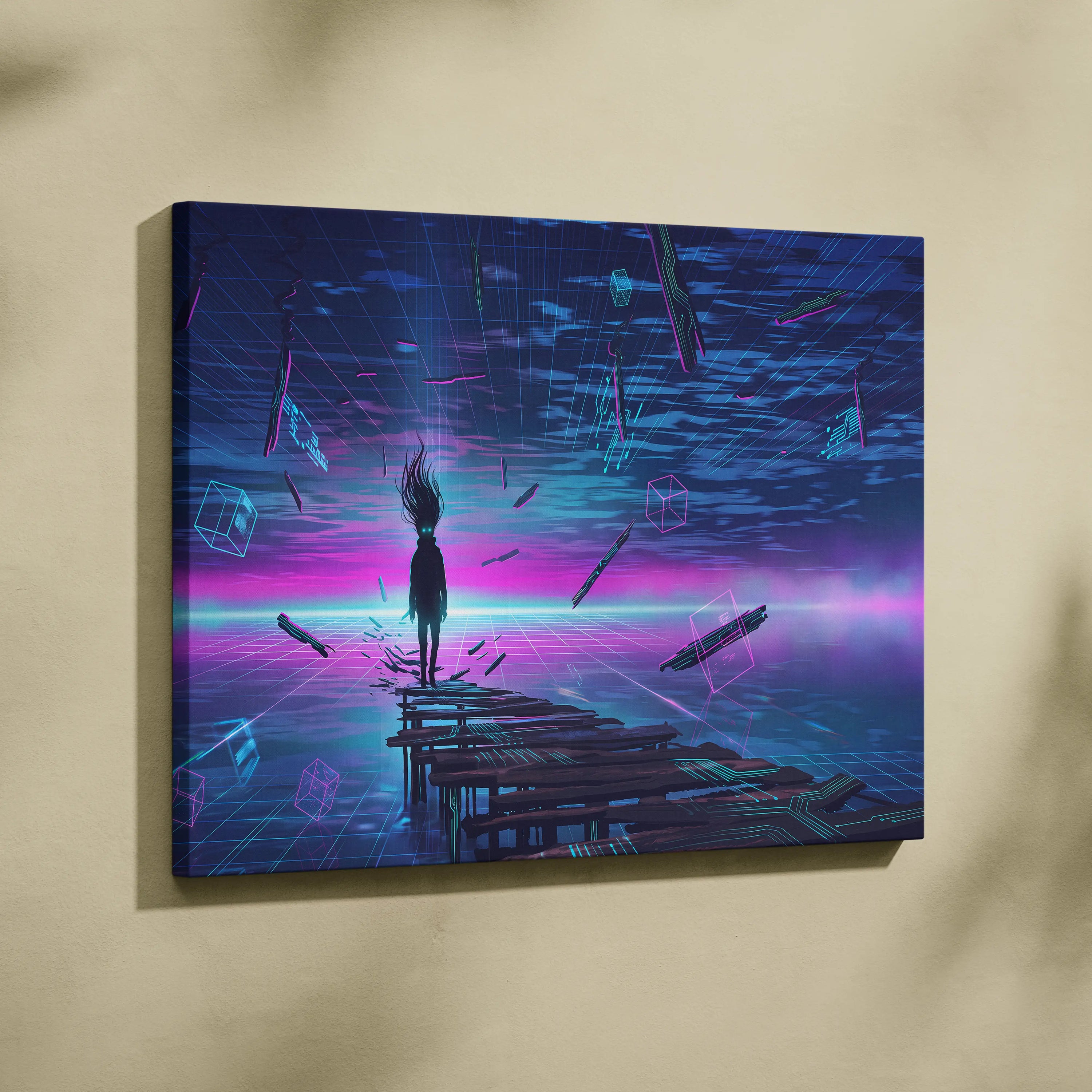 Vaporwave Neon Dream Canvas - Vaporwave Fantasy Neon Pink Blue Purple Living Room Decor Digital Surreal Art