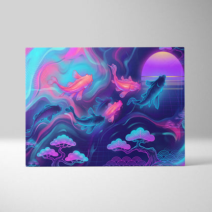 Koi Neon Sunset Canvas - Koi Neon Pink Cyan Living Room Vaporwave Dreamy Retro Futurism Japanese Art Canvas