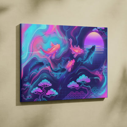 Koi Neon Sunset Canvas - Koi Neon Pink Cyan Living Room Vaporwave Dreamy Retro Futurism Japanese Art Canvas