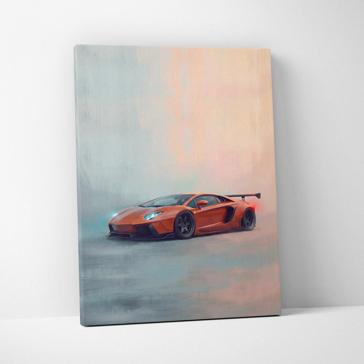 Orange lamborghini aventador inspired car wall art canvas print featuring sleek aerodynamic design with black accents and glowing headlights