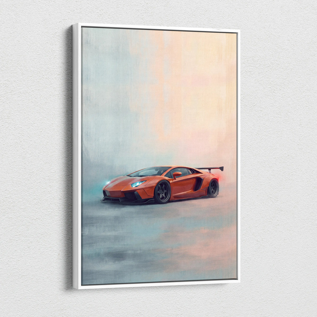 Orange Lamborghini Aventador inspired canvas wall art painting in a white frame for car enthusiasts room decor