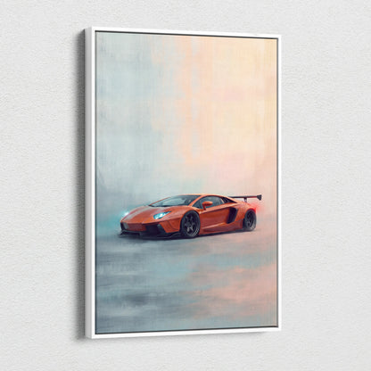Orange Lamborghini Aventador inspired canvas wall art painting in a white frame for car enthusiasts room decor