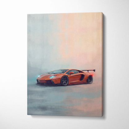 Vibrant orange lamborghini aventador inspired sports car on smoky dynamic canvas wall art print for track edition fans