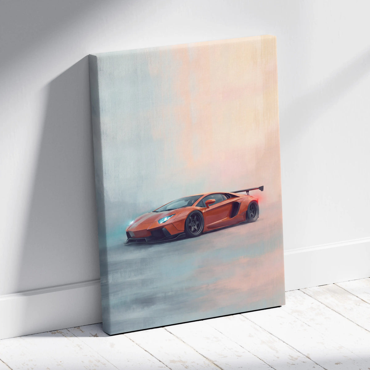 Orange lamborghini aventador canvas print leaning against a white wall for car wall art track edition decor