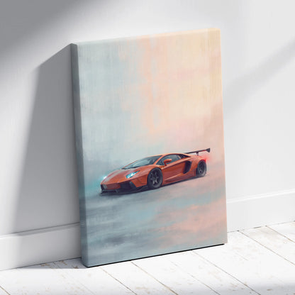 Orange lamborghini aventador canvas print leaning against a white wall for car wall art track edition decor