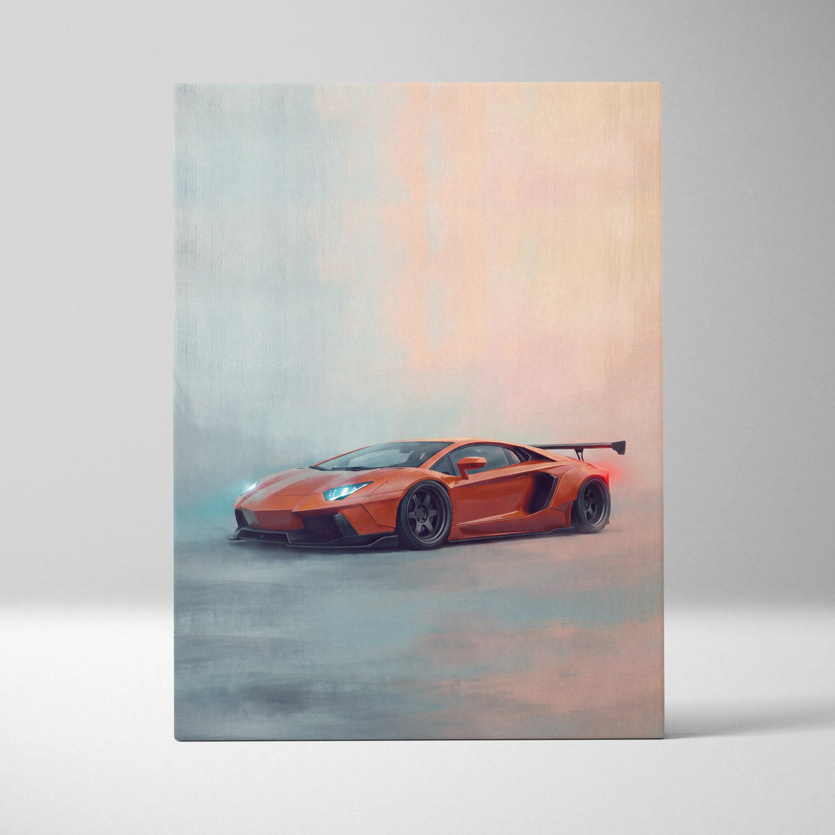 Lamborghini Aventador inspired canvas wall art featuring vibrant orange sports car with glowing headlights and rear wing in mist
