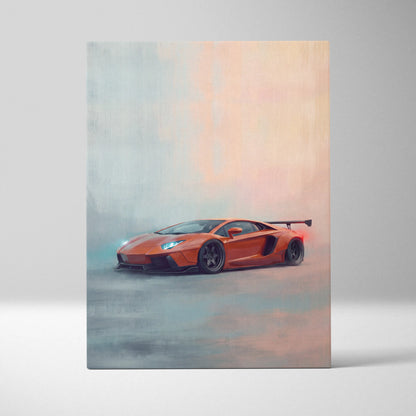 Lamborghini Aventador inspired canvas wall art featuring vibrant orange sports car with glowing headlights and rear wing in mist