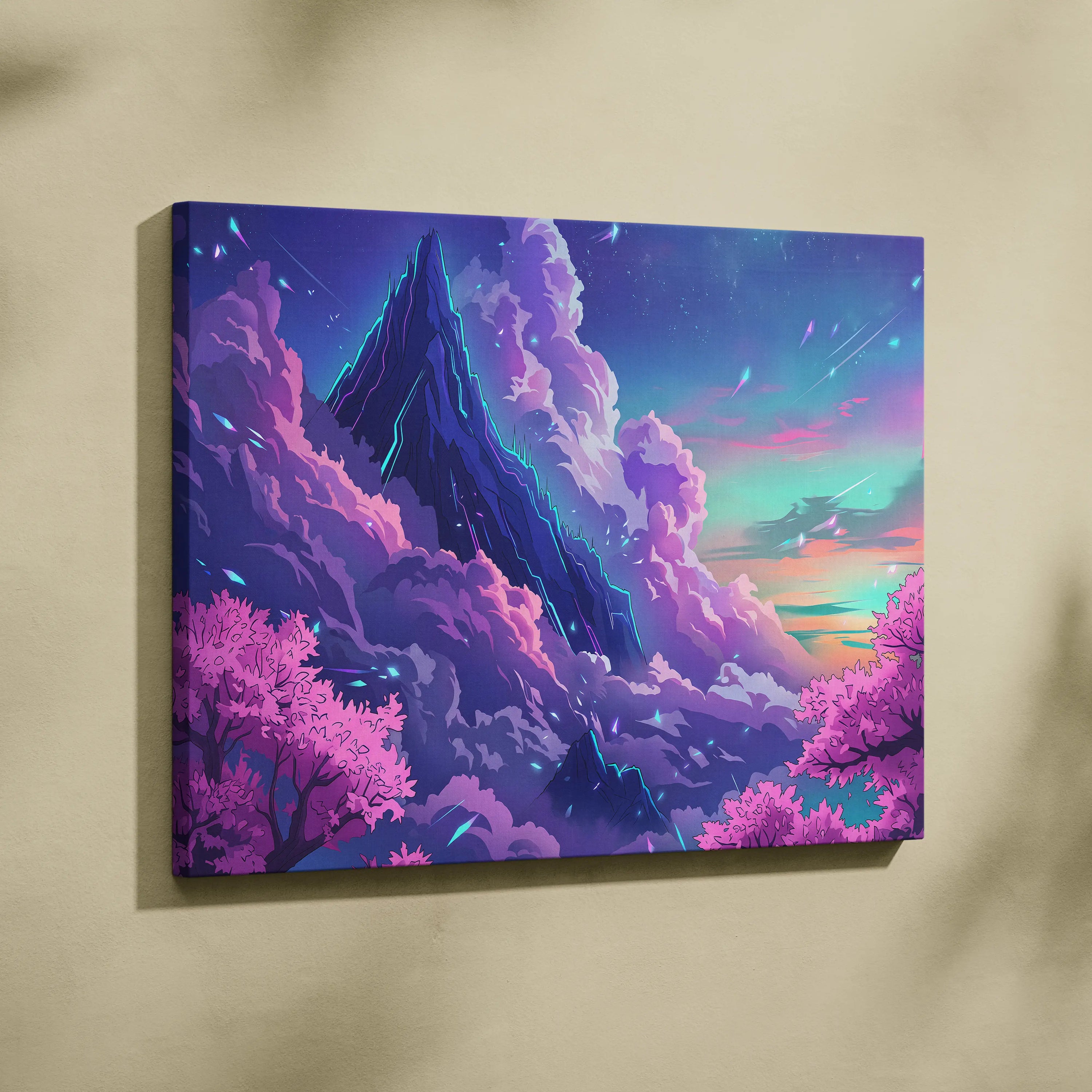 Neon Summit Vaporwave Canvas - Mountain Neon Purple Blue Living Room Vaporwave Mood Retro Futurism Wall Art Canvas