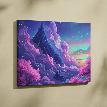 Neon Summit Vaporwave Canvas - Mountain Neon Purple Blue Living Room Vaporwave Mood Retro Futurism Wall Art Canvas