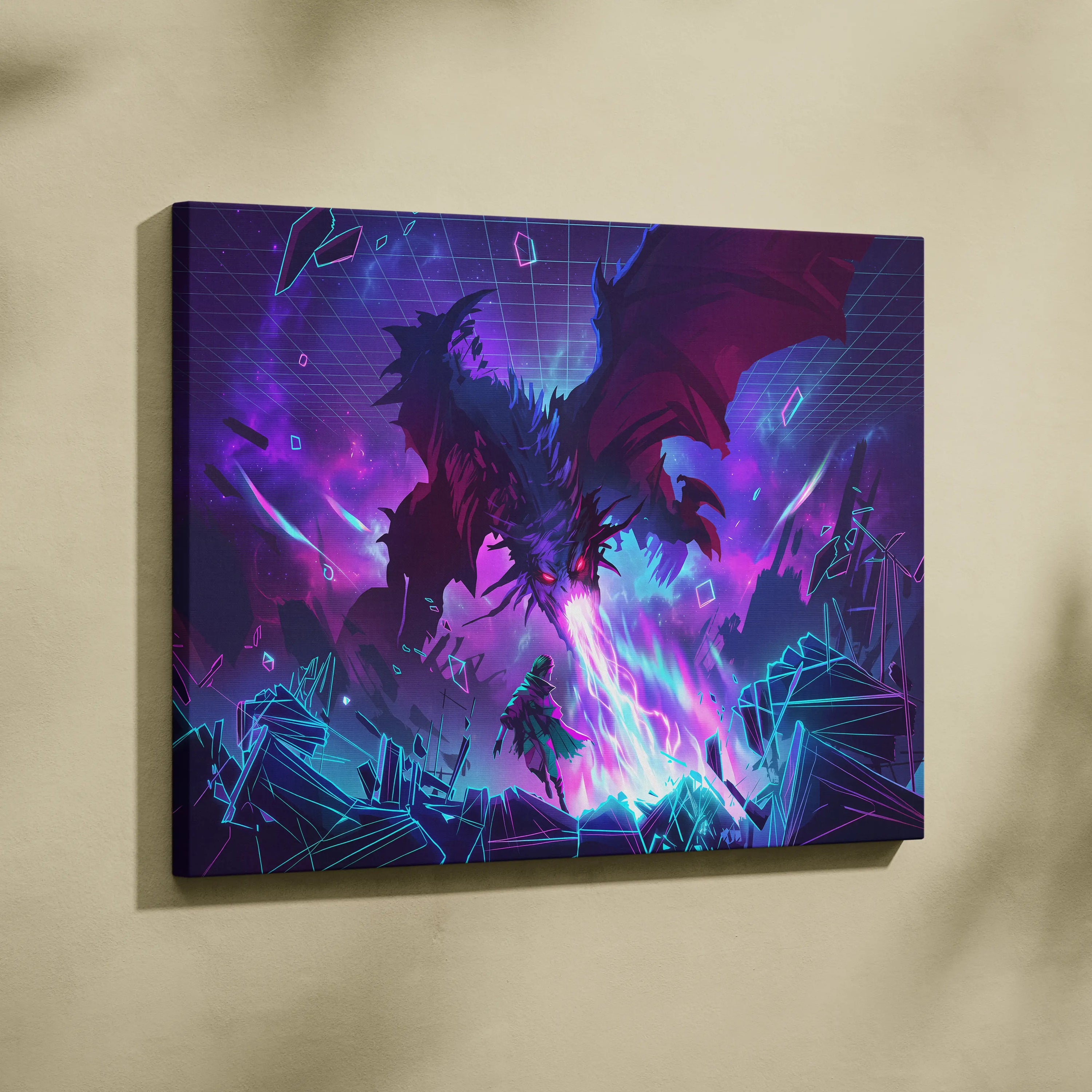 Neon Dragon Vaporwave Canvas - Dragon Neon Purple Pink Living Room Vaporwave Moody Surreal Neon Decor Canvas Print