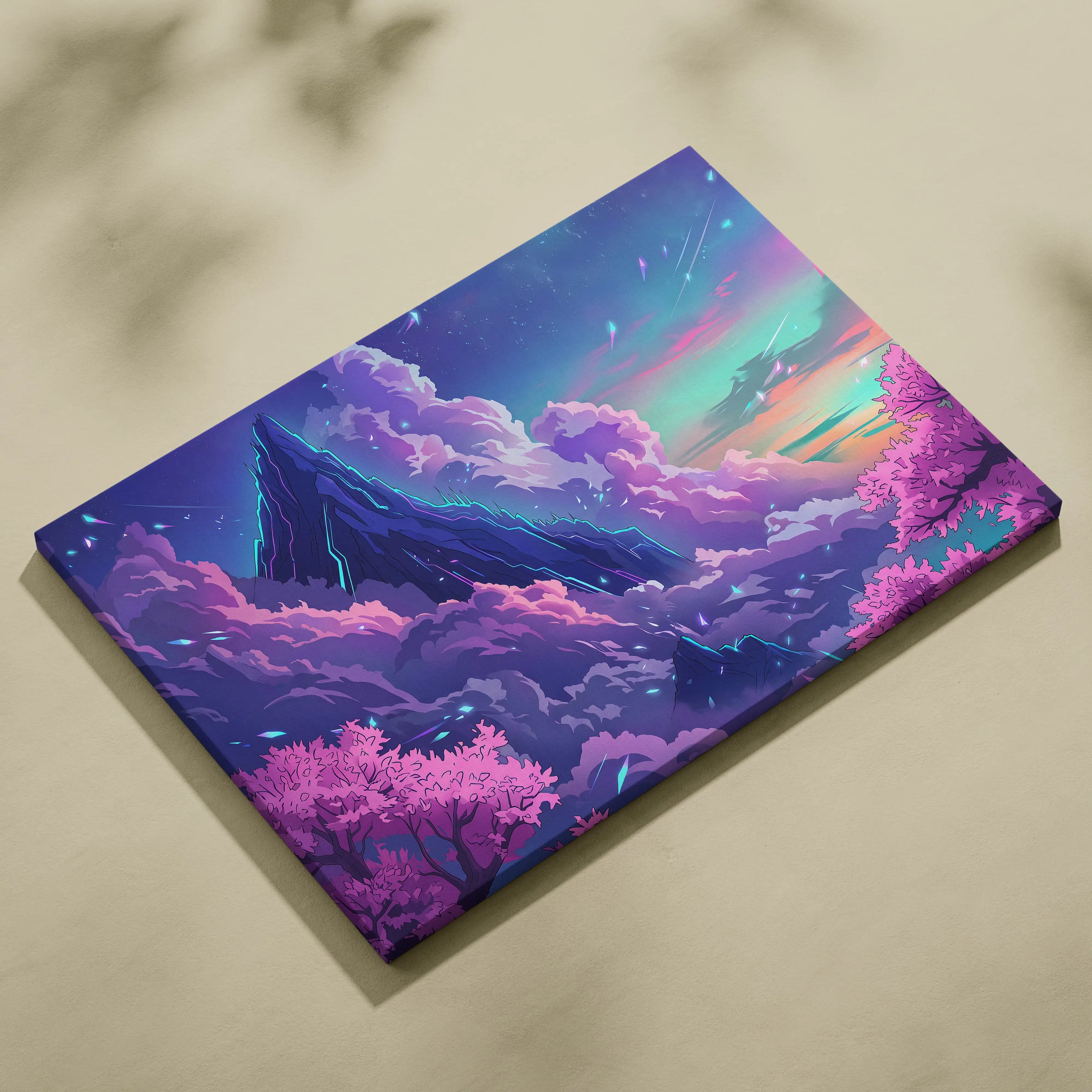 Neon Summit Vaporwave Canvas - Mountain Neon Purple Blue Living Room Vaporwave Mood Retro Futurism Wall Art Canvas