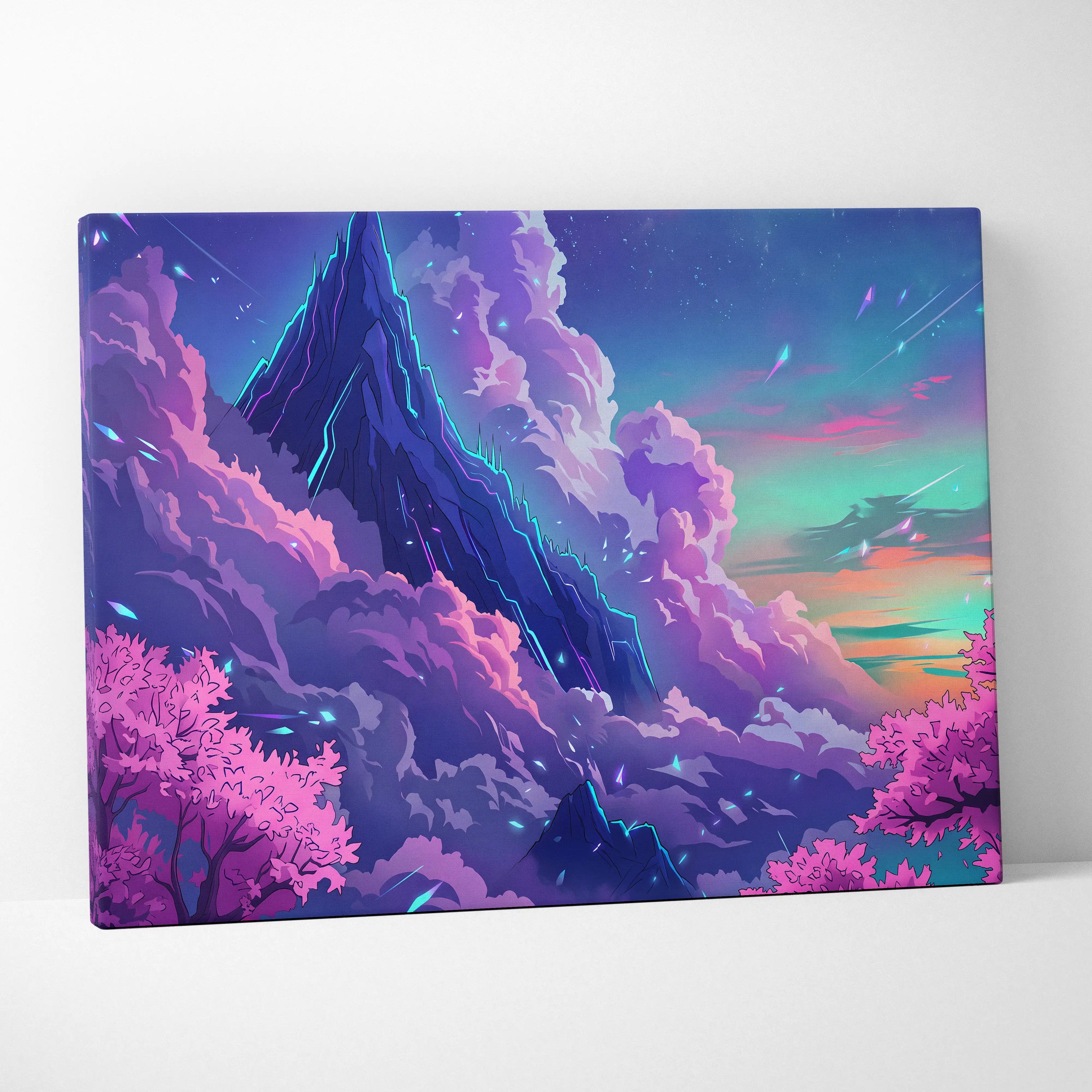 Neon Summit Vaporwave Canvas - Mountain Neon Purple Blue Living Room Vaporwave Mood Retro Futurism Wall Art Canvas