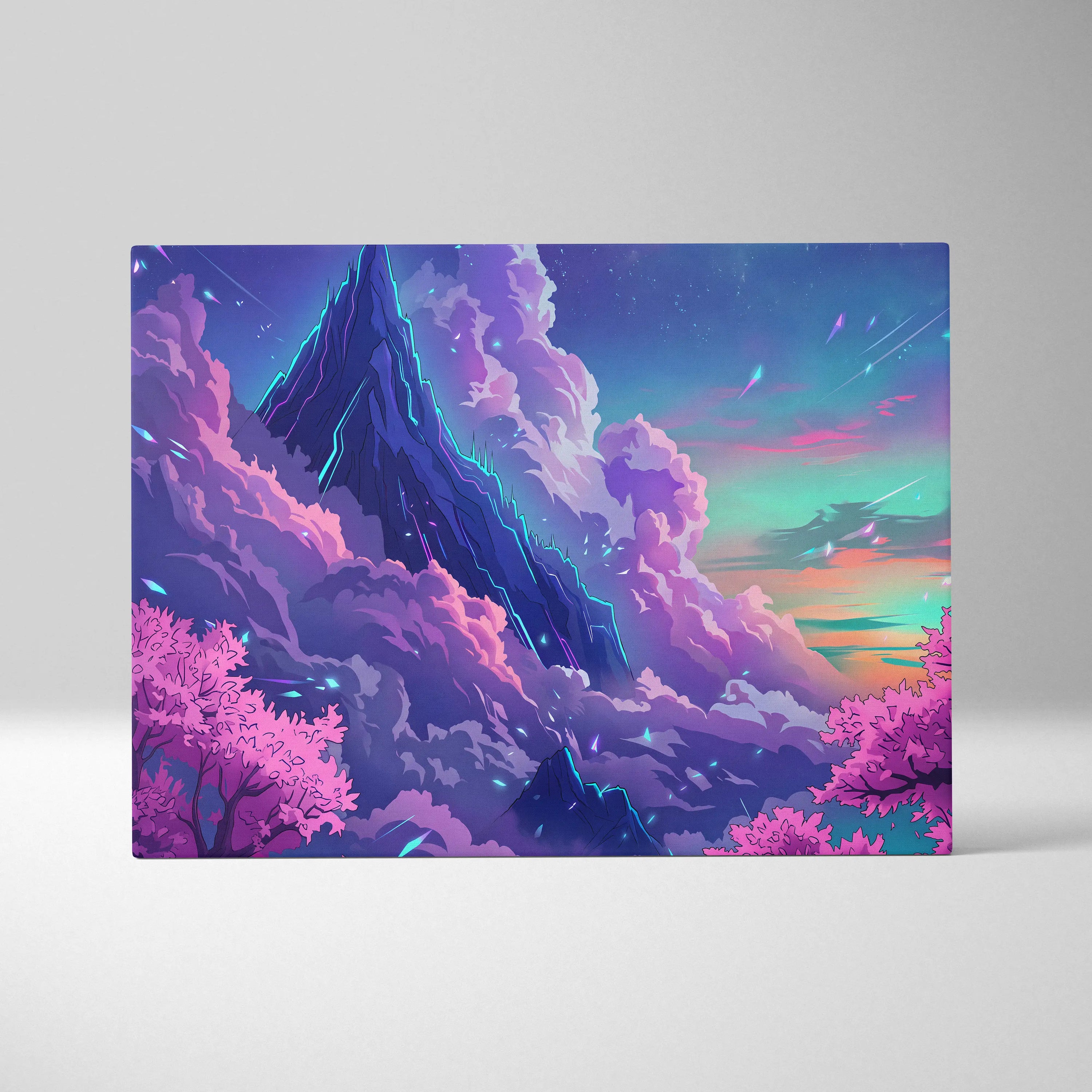 Neon Summit Vaporwave Canvas - Mountain Neon Purple Blue Living Room Vaporwave Mood Retro Futurism Wall Art Canvas