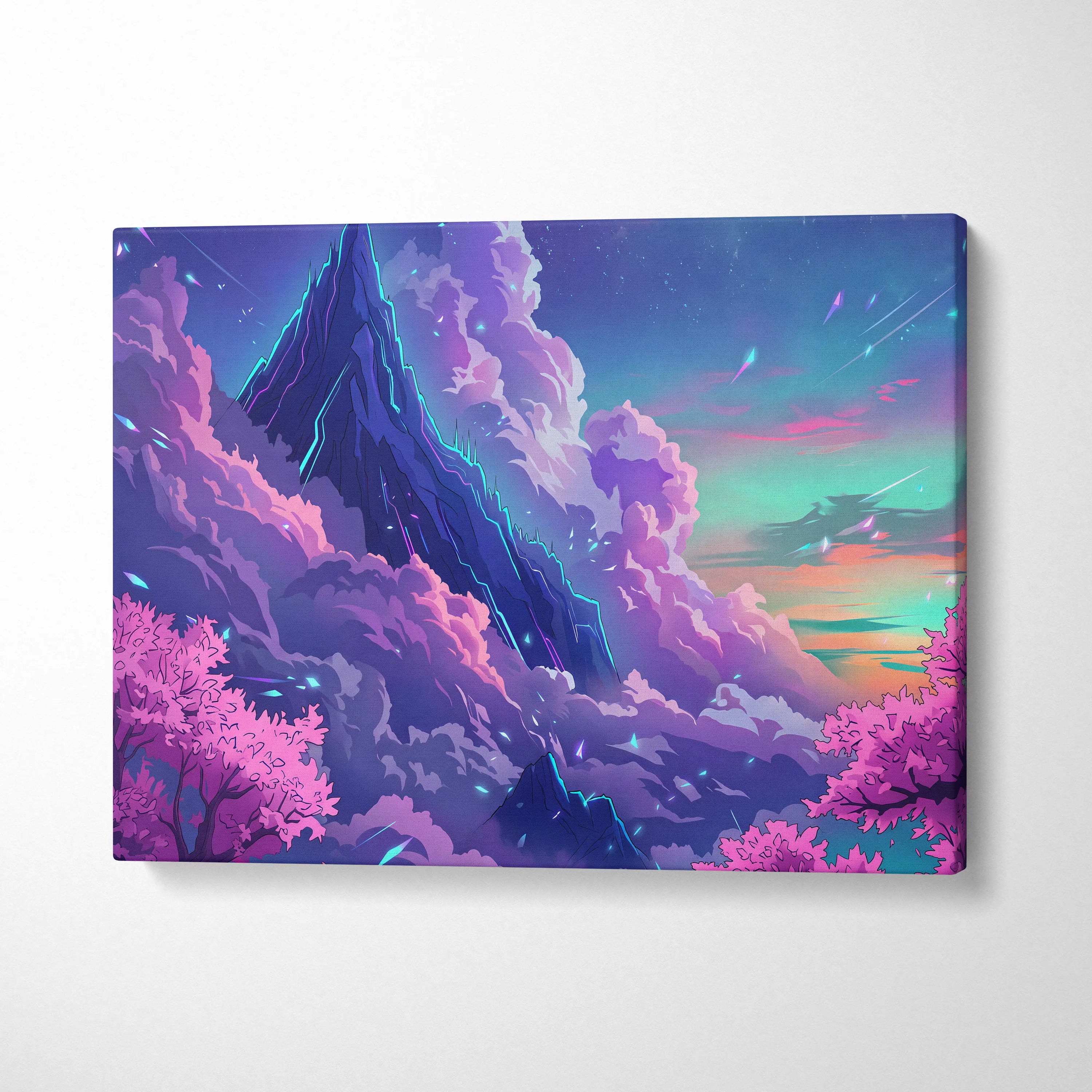Neon Summit Vaporwave Canvas - Mountain Neon Purple Blue Living Room Vaporwave Mood Retro Futurism Wall Art Canvas