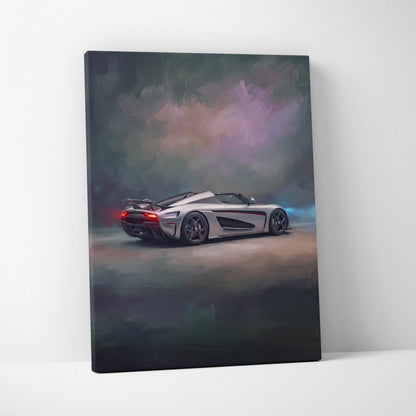Silver Koenigsegg Agera RS sports car canvas print with glowing red taillights in a dynamic atmospheric background