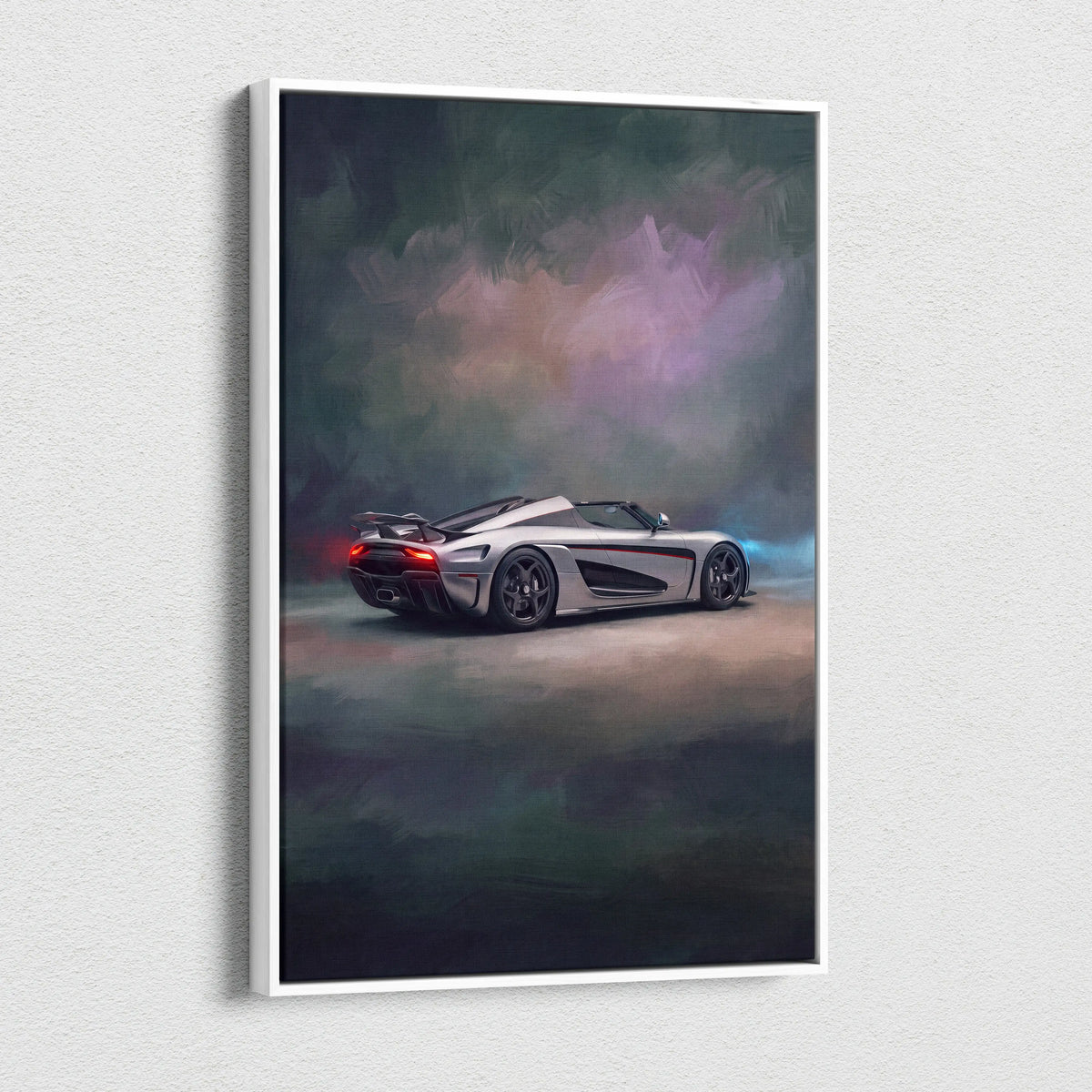Silver koenigsegg agera rs sports car with glowing red taillights in dynamic painting on luxury supercar canvas print