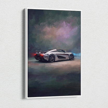 Silver koenigsegg agera rs sports car with glowing red taillights in dynamic painting on luxury supercar canvas print