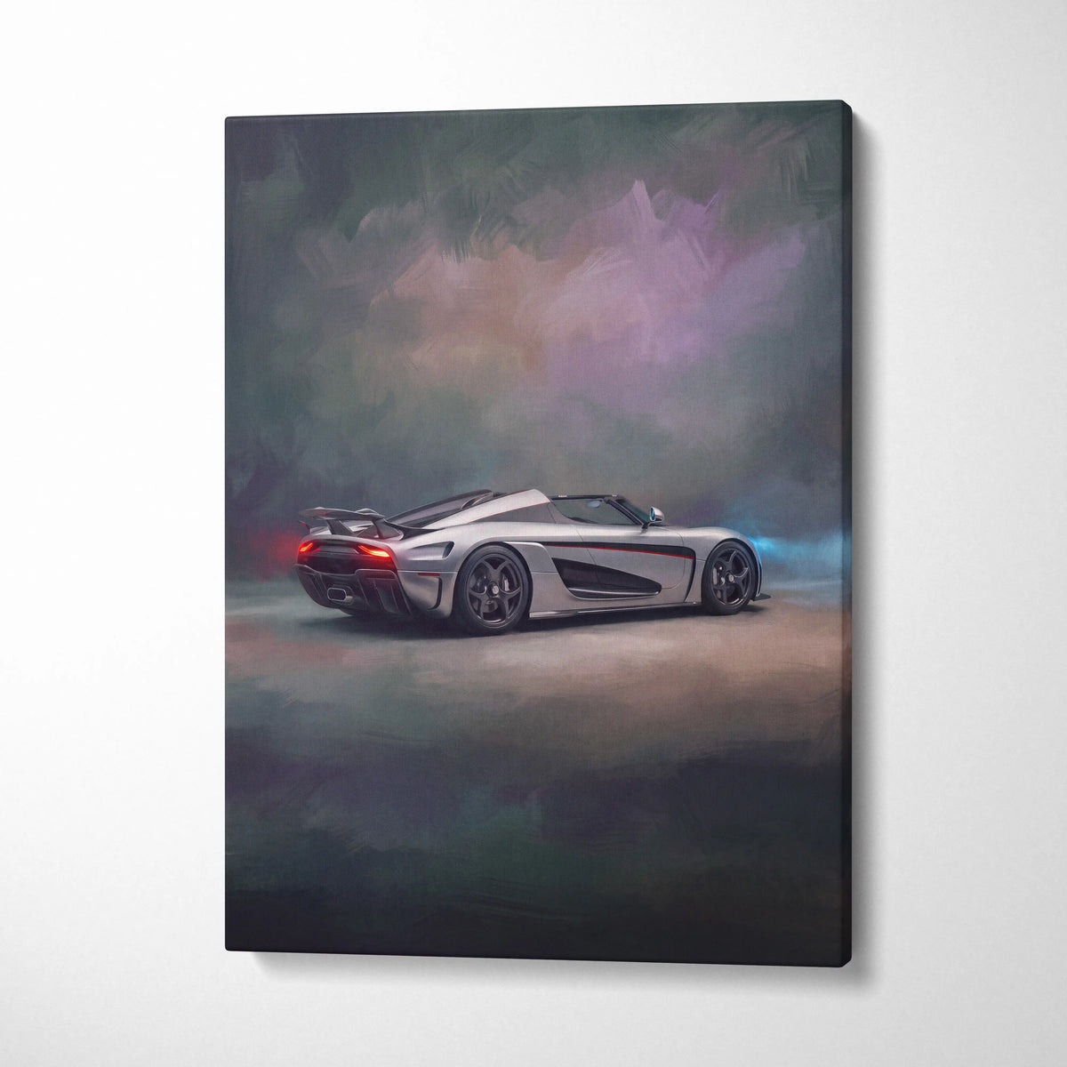 Stylized silver koenigsegg agera rs sports car with glowing red taillights and blue underglow on luxury supercar canvas print