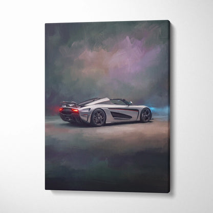 Stylized silver koenigsegg agera rs sports car with glowing red taillights and blue underglow on luxury supercar canvas print