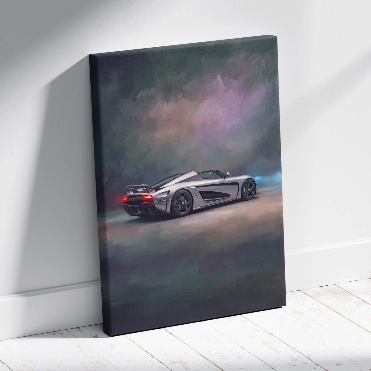 Silver koenigsegg hypercar in dynamic smoky artistic rendering on stretched canvas luxury supercar wall art print