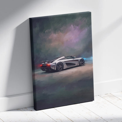 Silver koenigsegg hypercar in dynamic smoky artistic rendering on stretched canvas luxury supercar wall art print