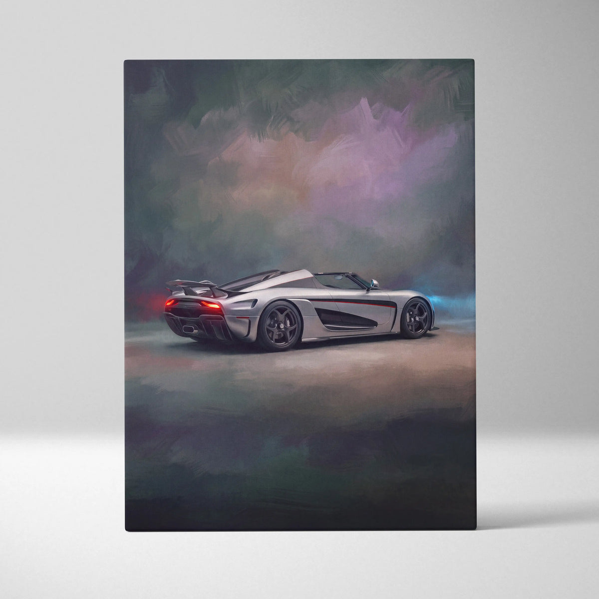Silver koenigsegg agera rs sports car back side in stylized painterly artwork with glowing taillights on luxury canvas print