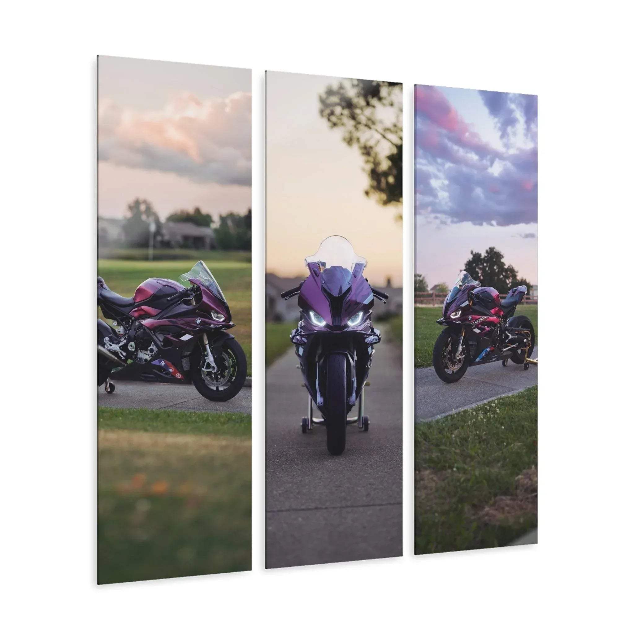 BMW S1000RR triptych canvas wall art with vibrant purple motorcycle on acrylic panels.