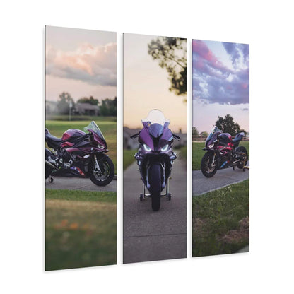 BMW S1000RR triptych canvas wall art with vibrant purple motorcycle on acrylic panels.