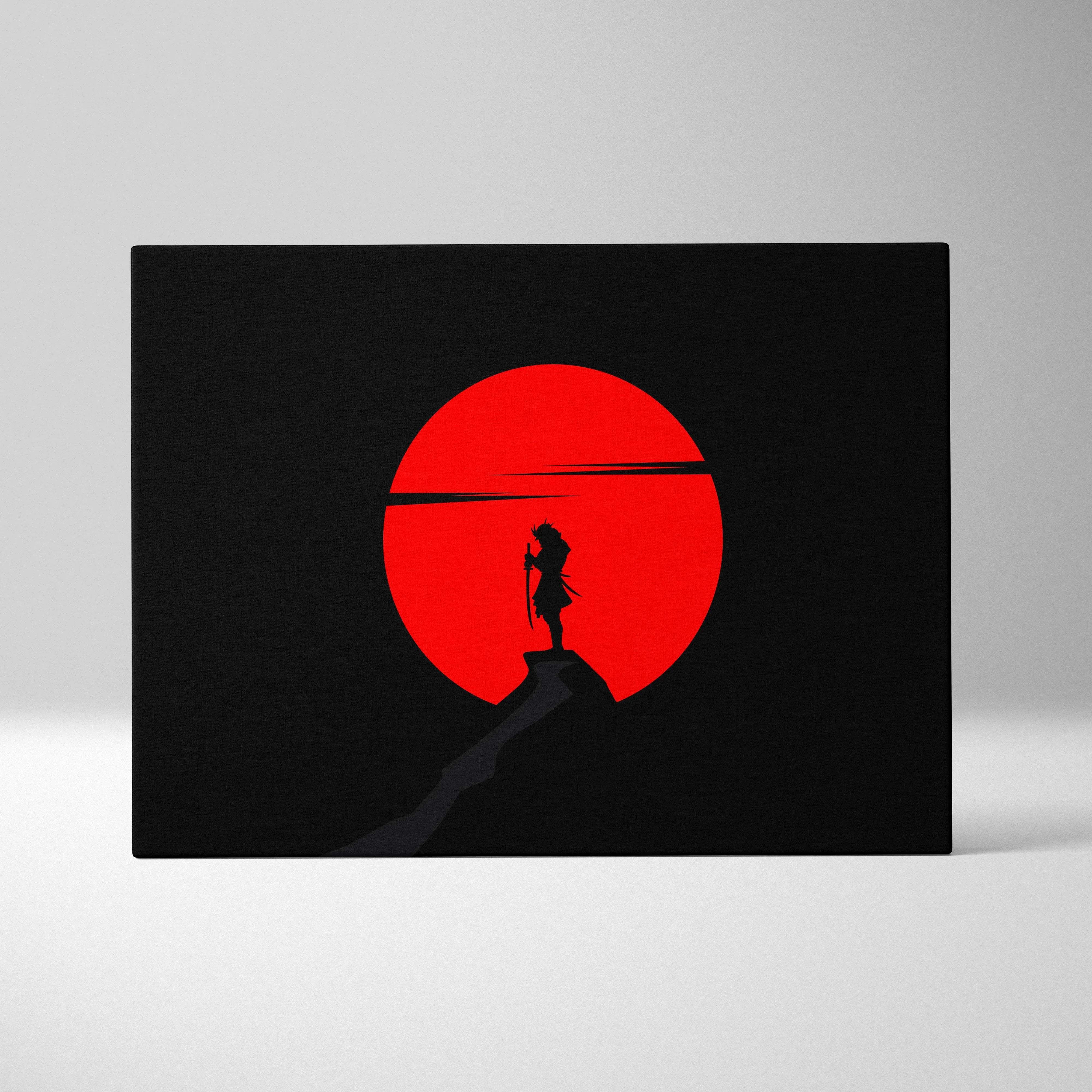 Minimalist black samurai silhouette on cliff against red sun canvas print