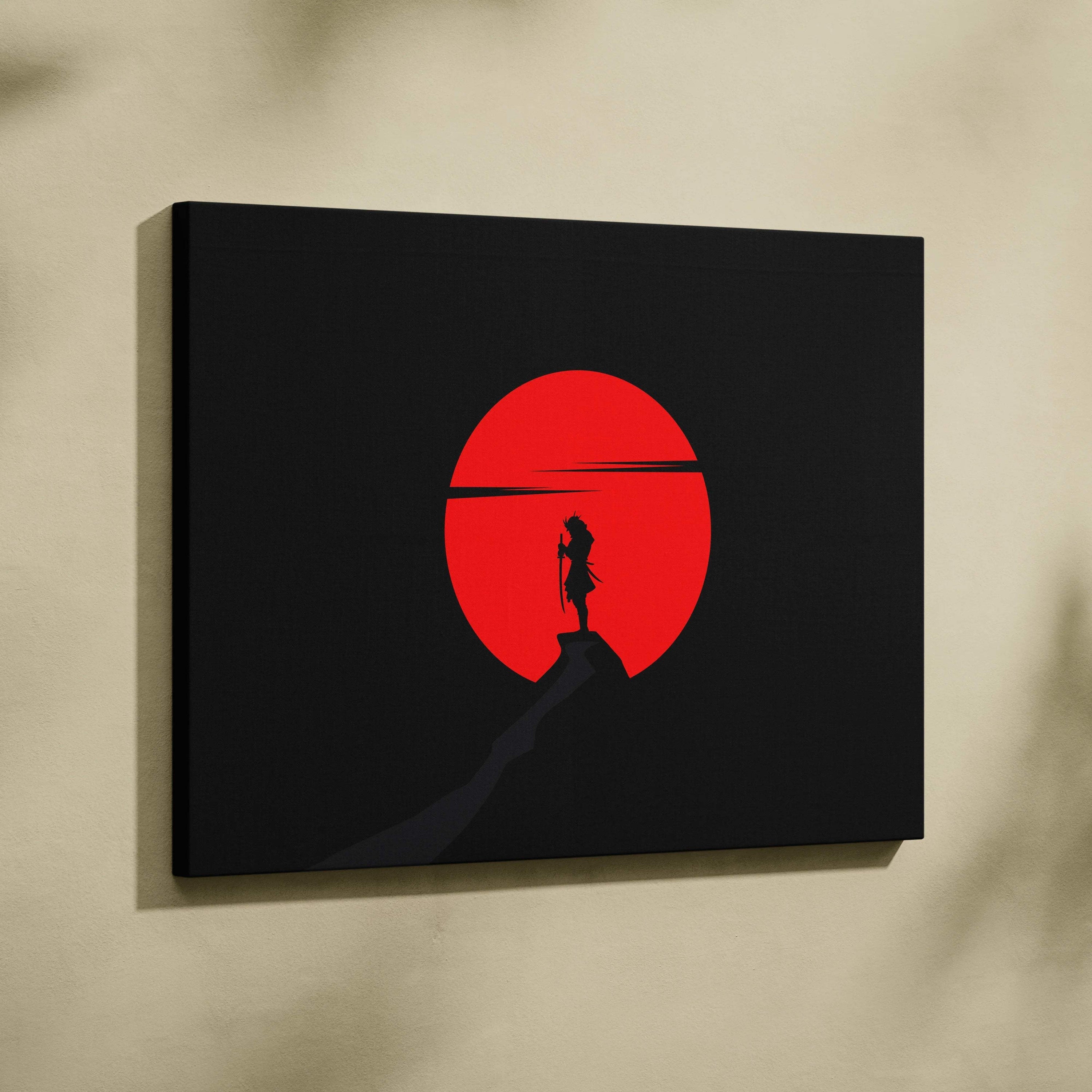 Minimalist samurai silhouette against crimson sun on black canvas print