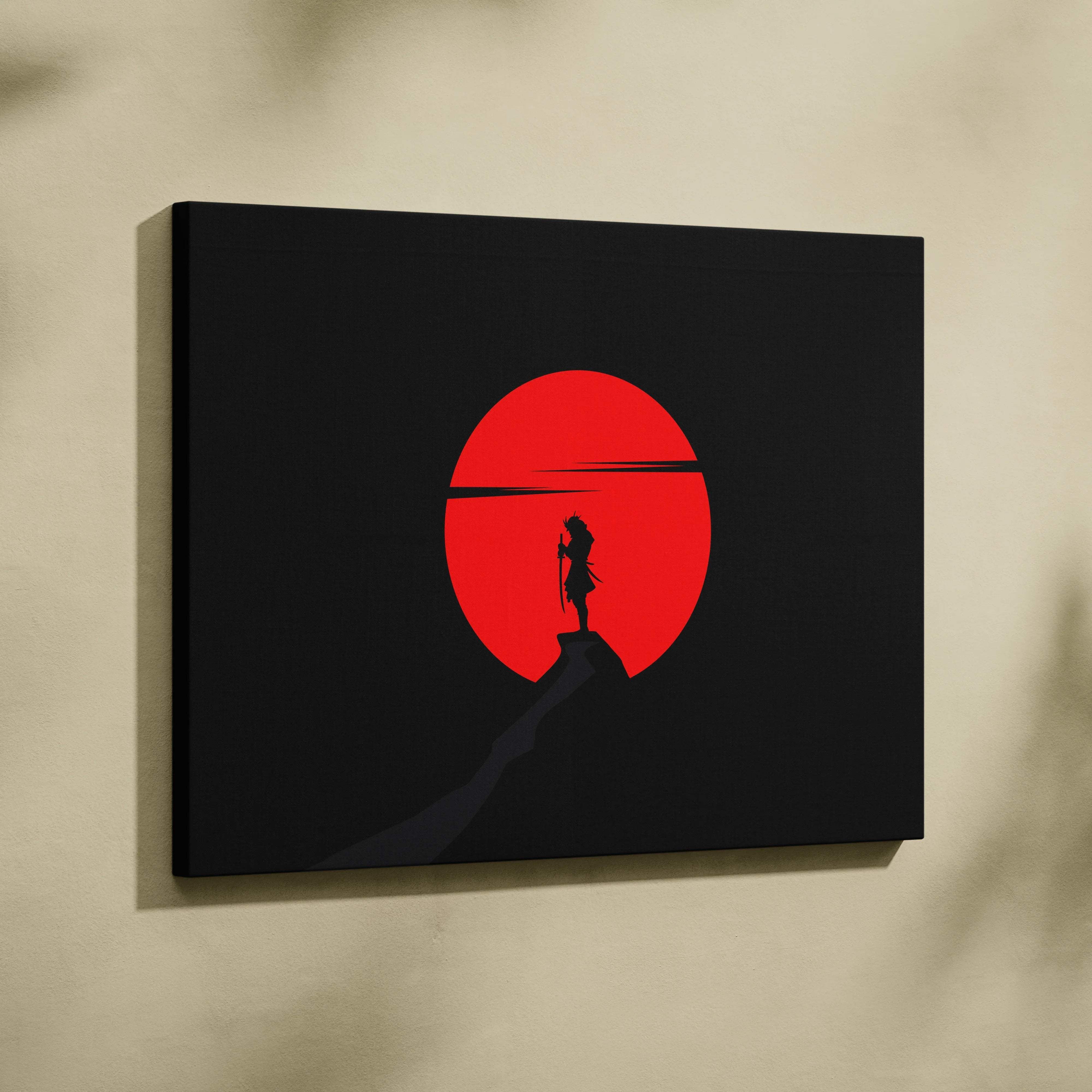 Minimalist samurai silhouette against crimson sun on black canvas print