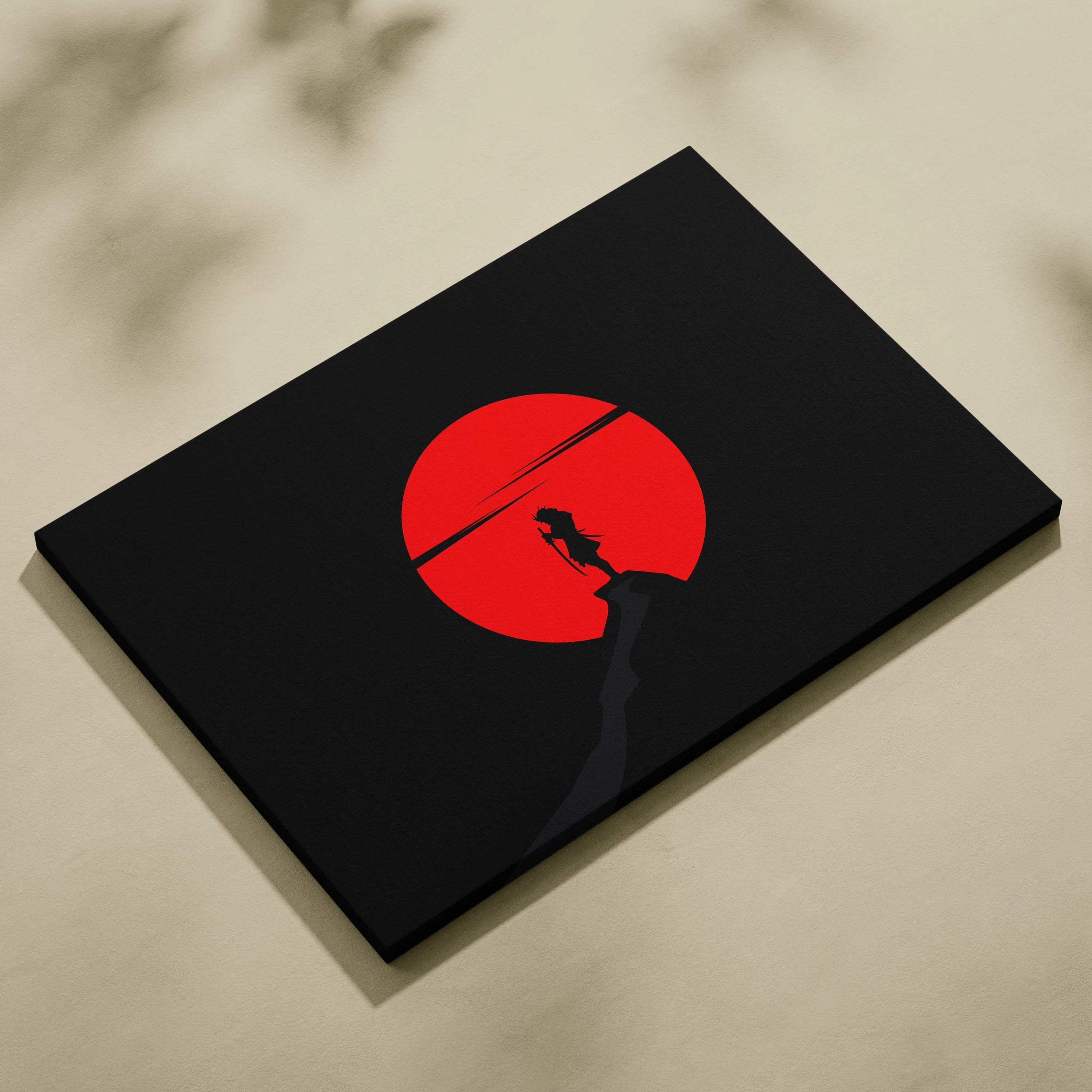 Minimalist samurai silhouette on cliff against red sun on black canvas
