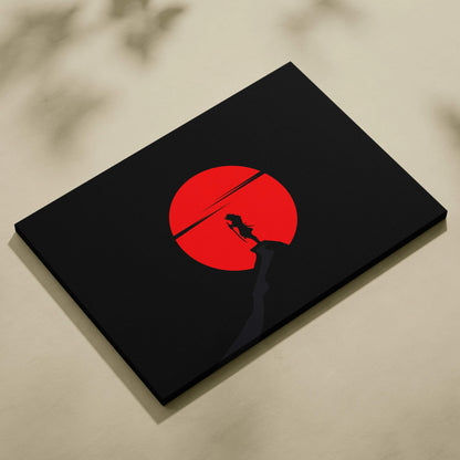 Minimalist samurai silhouette on cliff against red sun on black canvas