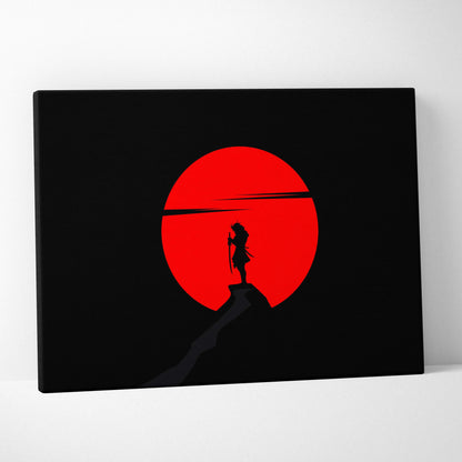 Minimalist samurai silhouette against crimson sun on black canvas print