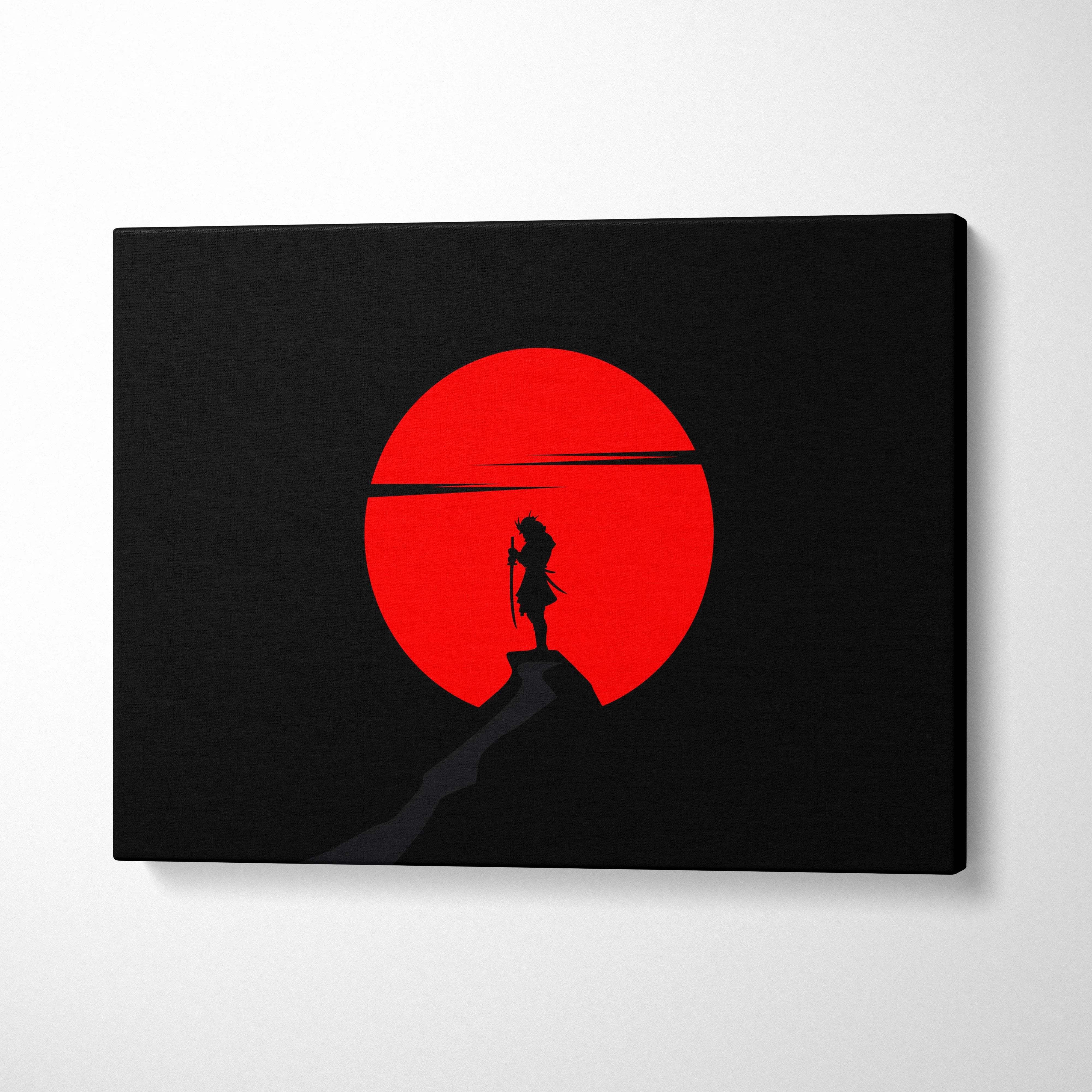 Minimalist samurai silhouette against crimson sun on black canvas print