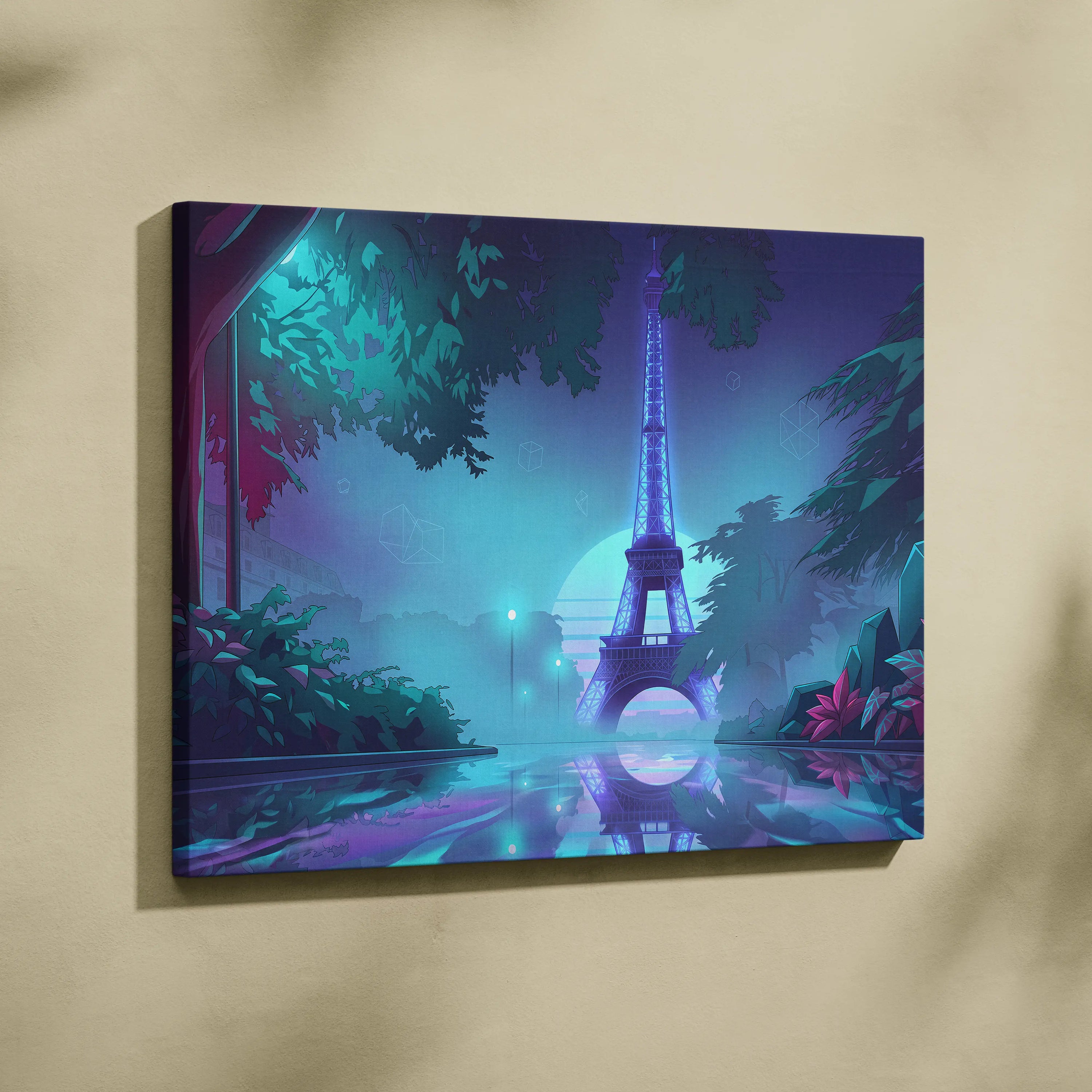 Neon Paris Vaporwave Canvas - Eiffel Tower Purple Teal Living Room Vaporwave Dreamy Retro Futurism Neon City Art Canvas