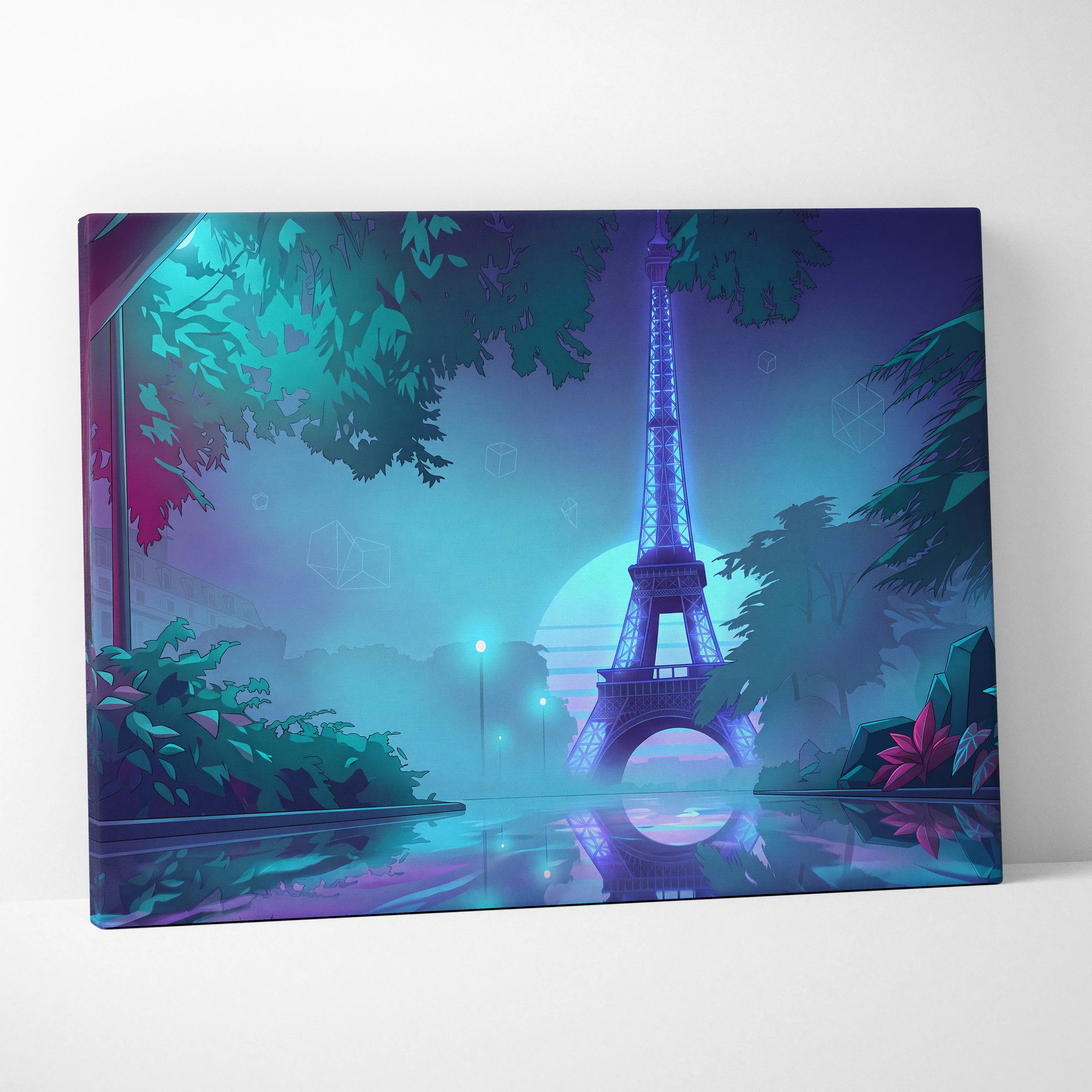 Neon Paris Vaporwave Canvas - Eiffel Tower Purple Teal Living Room Vaporwave Dreamy Retro Futurism Neon City Art Canvas