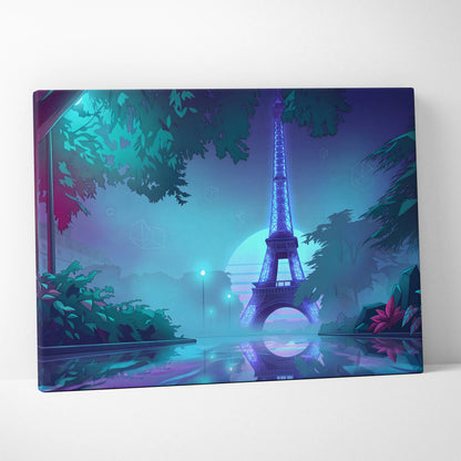 Neon Paris Vaporwave Canvas - Eiffel Tower Purple Teal Living Room Vaporwave Dreamy Retro Futurism Neon City Art Canvas