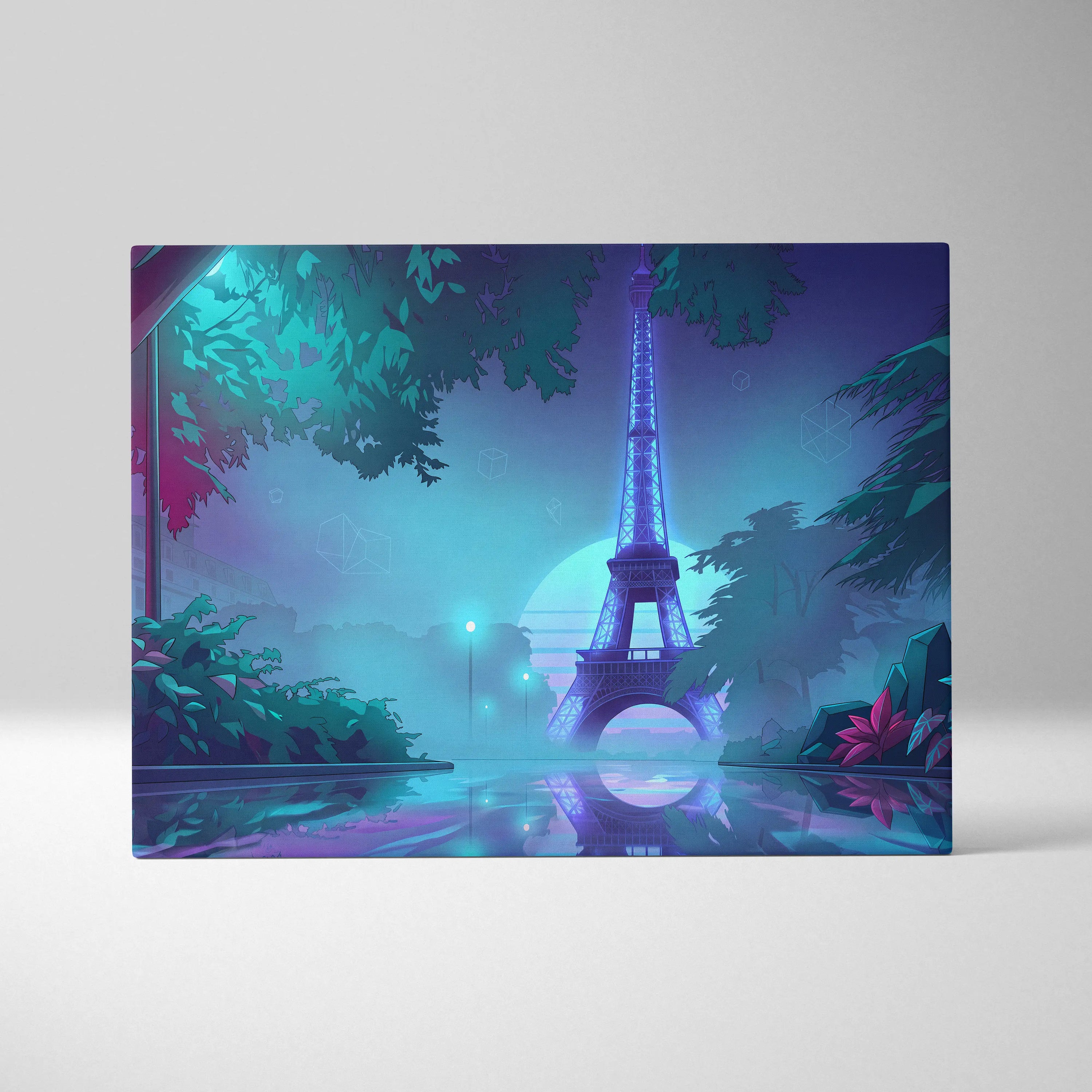 Neon Paris Vaporwave Canvas - Eiffel Tower Purple Teal Living Room Vaporwave Dreamy Retro Futurism Neon City Art Canvas