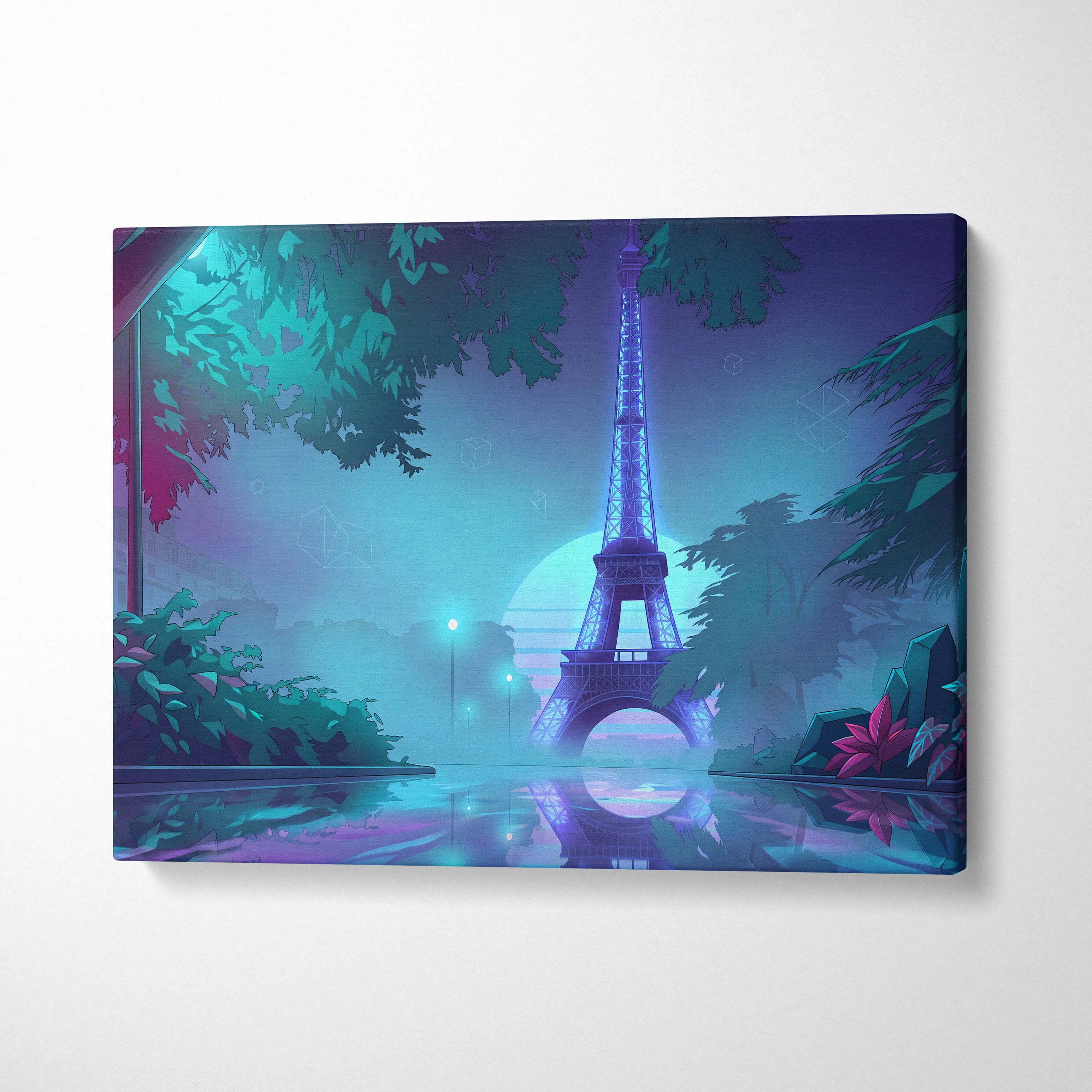 Neon Paris Vaporwave Canvas - Eiffel Tower Purple Teal Living Room Vaporwave Dreamy Retro Futurism Neon City Art Canvas