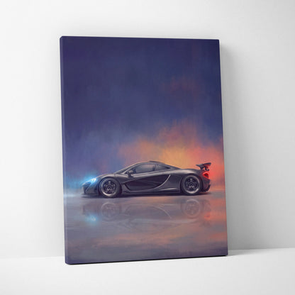 Black mclaren p1 inspired supercar canvas art featuring sleek sports car with glowing blue and red accents at twilight