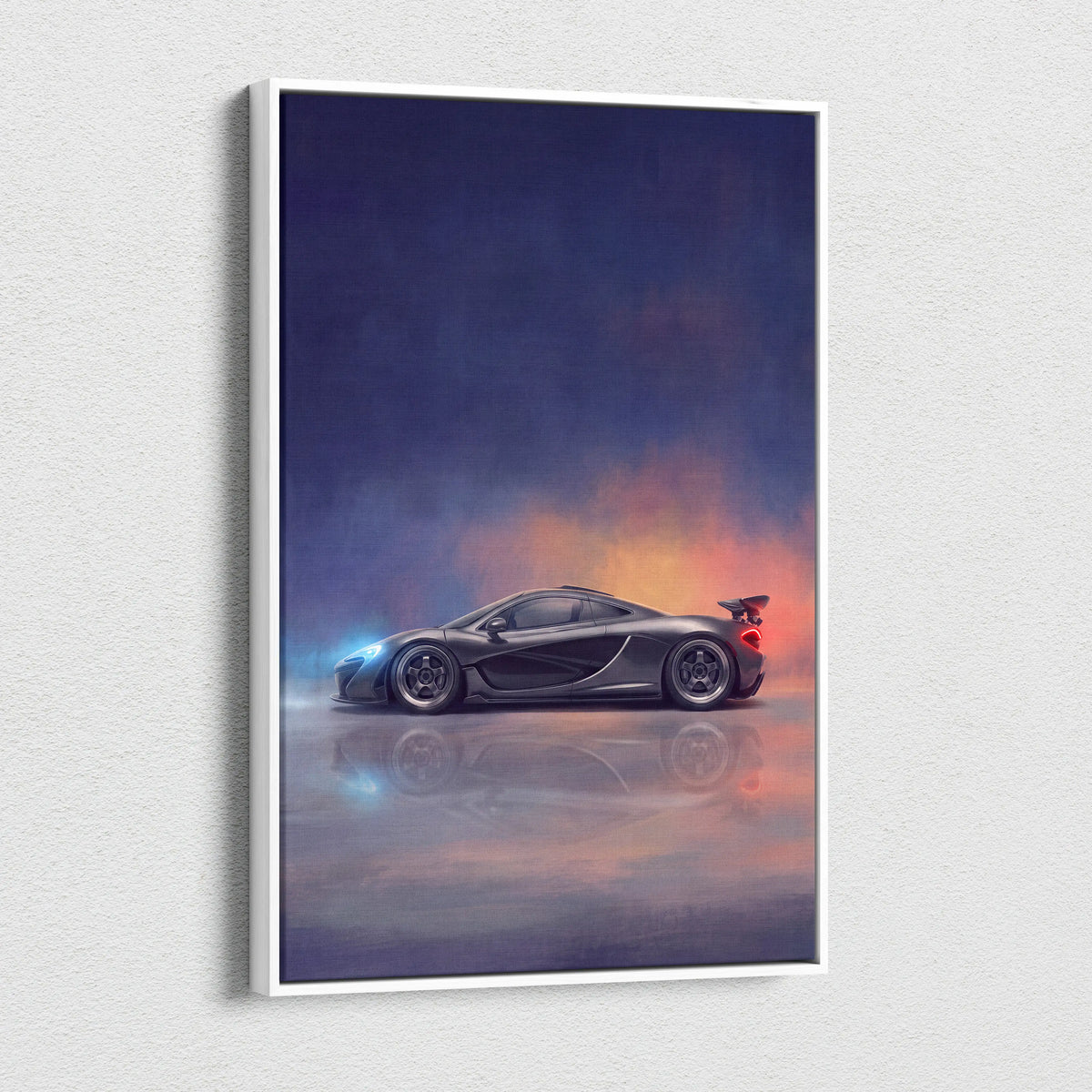 McLaren p1 inspired supercar canvas art featuring a sleek dark gray sports car with glowing lights against twilight sky