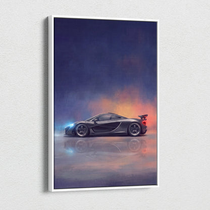 McLaren p1 inspired supercar canvas art featuring a sleek dark gray sports car with glowing lights against twilight sky