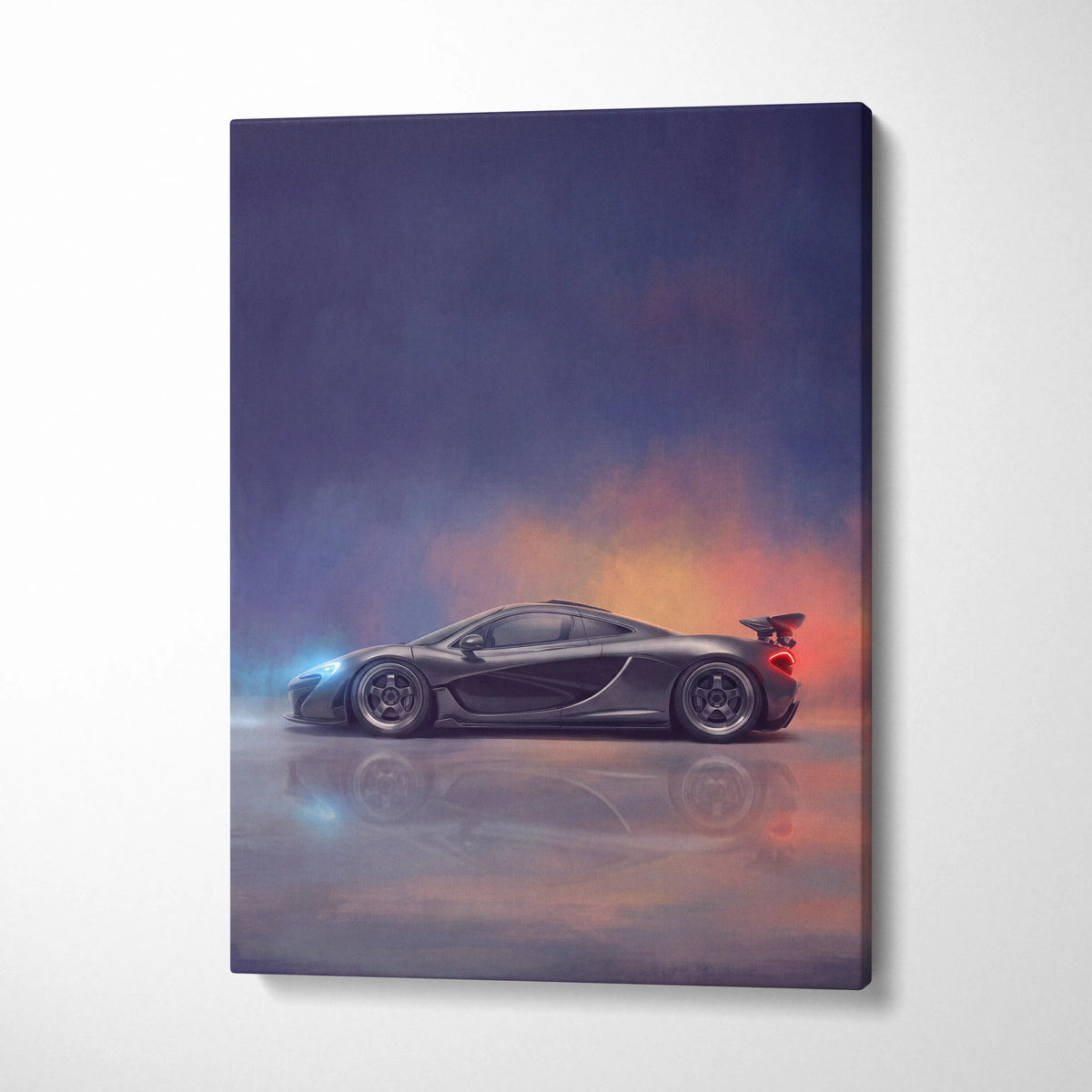 Black McLaren P1 inspired supercar canvas art featuring a sleek sports car with blue and red accents at twilight